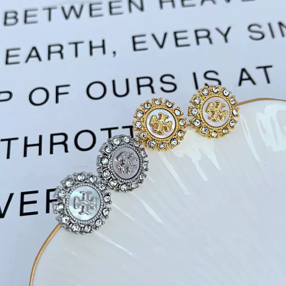 Tory Burch Geometric Round Earrings Natural Shell Crystal Metal